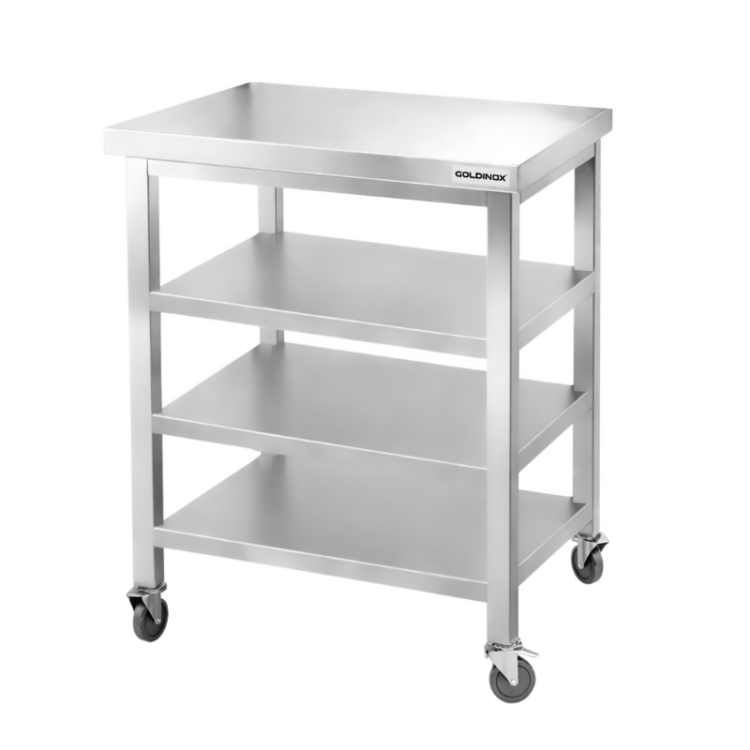 Table de travail en inox Bar 700x700 mm avec 3 étagères inférieures sur roulettes PREMIUM - GOLDINOX