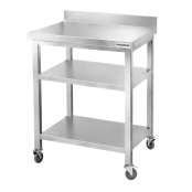 Table de travail en inox Bar 700x700 mm avec 2 étagères inférieures et dosseret sur roulettes PREMIUM - GOLDINOX