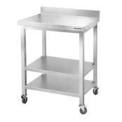 Table de travail en inox Bar 700x700 mm avec 3 étagères inférieures et dosseret sur roulettes PREMIUM - GOLDINOX