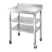 Table de travail en inox Bar 800x800 mm avec 3 étagères inférieures et dosseret sur roulettes PREMIUM - GOLDINOX