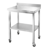 Table de travail en inox Bar 800x800 mm avec 3 étagères inférieures et dosseret sur roulettes PREMIUM - GOLDINOX