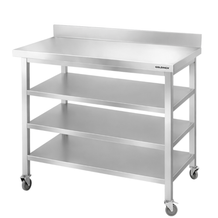 Table de travail en inox Bar 1000x500 mm avec 3 étagères inférieures et dosseret sur roulettes PREMIUM - GOLDINOX