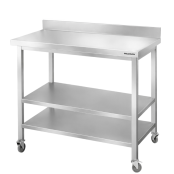 Table de travail en inox Bar 1000x600 mm avec 3 étagères inférieures et dosseret sur roulettes PREMIUM - GOLDINOX