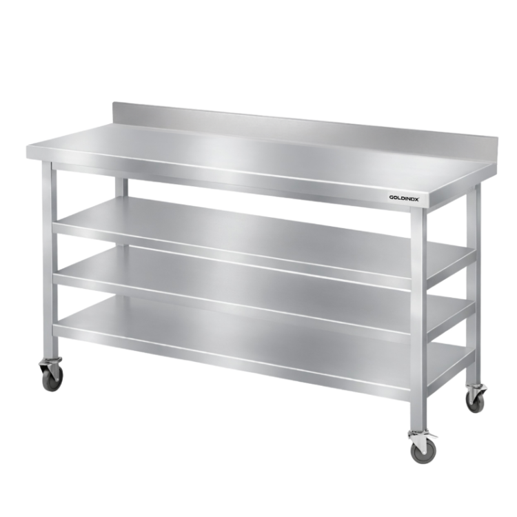Table de travail en inox Bar 1500x700 mm avec 3 étagères inférieures et dosseret sur roulettes PREMIUM - GOLDINOX