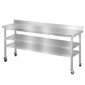 Table de travail en inox Bar 1800x600 mm avec 3 étagères inférieures et dosseret sur roulettes PREMIUM - GOLDINOX