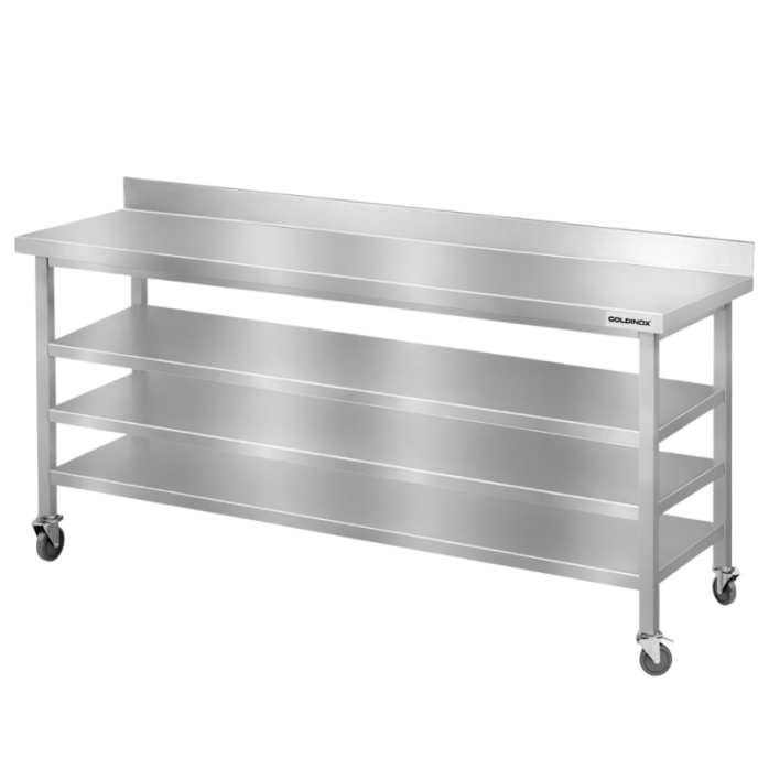 Table de travail en inox Bar 2000x500 mm avec 3 étagères inférieures et dosseret sur roulettes PREMIUM - GOLDINOX