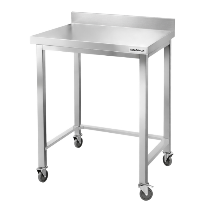 Table de travail en inox Bar 500x500 mm avec renfort et dosseret sur roulettes PREMIUM - GOLDINOX
