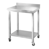 Table de travail en inox Bar 600x600 mm avec renfort et dosseret sur roulettes PREMIUM - GOLDINOX
