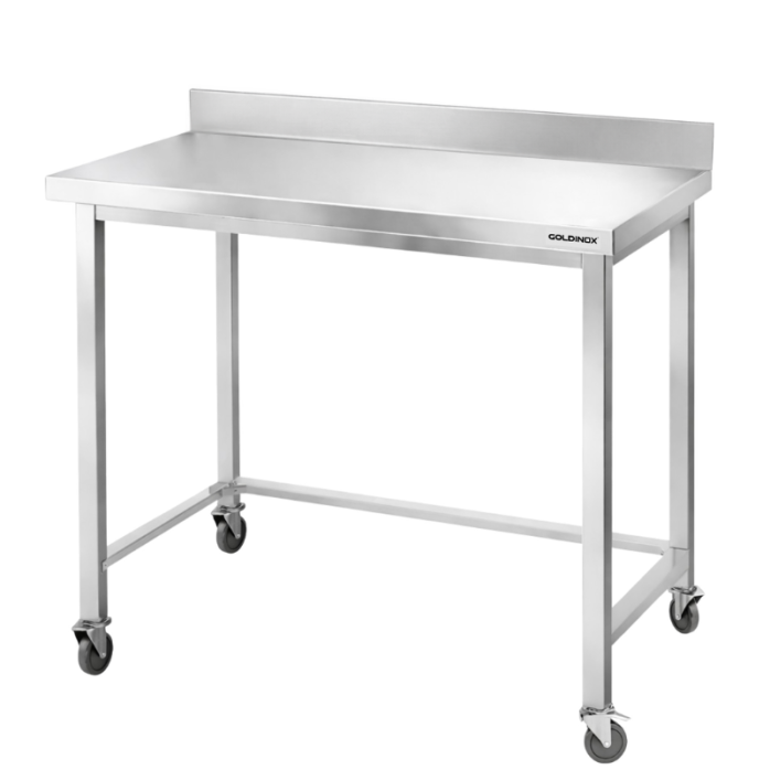 Table de travail en inox Bar 1000x500 mm avec renfort et dosseret sur roulettes PREMIUM - GOLDINOX