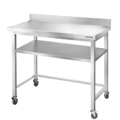 Table de travail en inox Bar 1000x500 mm avec renfort et dosseret sur roulettes PREMIUM - GOLDINOX