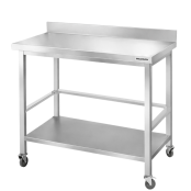 Table de travail en inox Bar 1000x700 mm avec renfort et dosseret sur roulettes PREMIUM - GOLDINOX