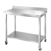 Table de travail en inox Bar 1000x800 mm avec renfort et dosseret sur roulettes PREMIUM - GOLDINOX