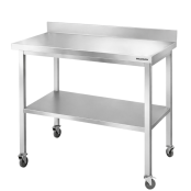 Table de travail en inox Bar 1200x600 mm avec renfort et dosseret sur roulettes PREMIUM - GOLDINOX