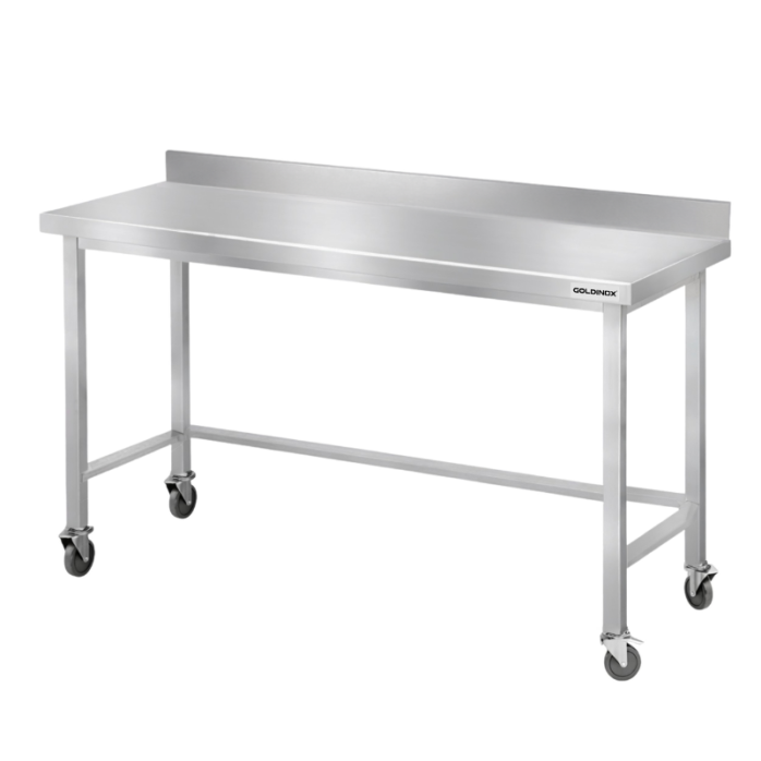 Table de travail en inox Bar 1500x700 mm avec renfort et dosseret sur roulettes PREMIUM - GOLDINOX