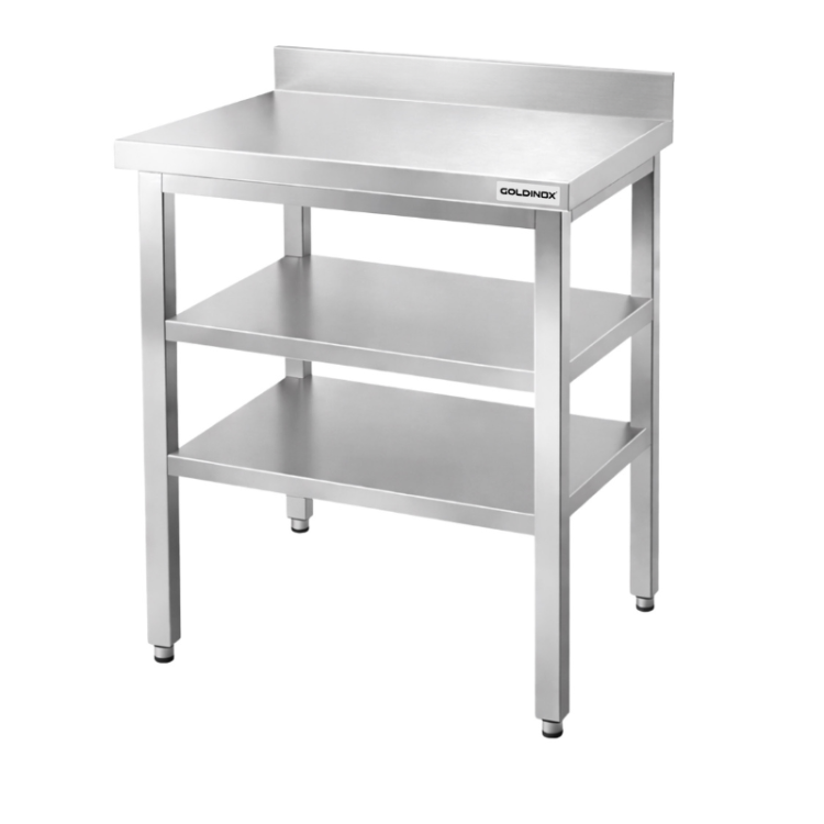 Table de travail en inox Bar 600x500 mm avec 2 étagères inférieures et dosseret PREMIUM - GOLDINOX