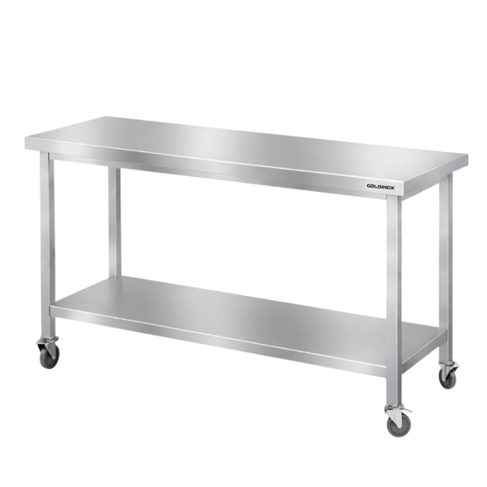 Table de travail en inox Bar 1500x600 mm avec 1 étagère inférieure sur roulettes PREMIUM - GOLDINOX