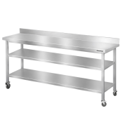 Table de travail en inox Bar 1800x600 mm avec 2 étagères inférieures et dosseret sur roulettes PREMIUM - GOLDINOX