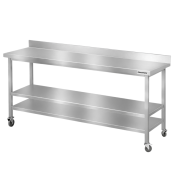 Table de travail en inox Bar 1800x800 mm avec 2 étagères inférieures et dosseret sur roulettes PREMIUM - GOLDINOX