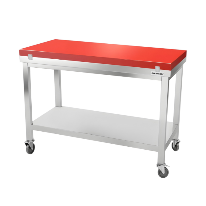 Table de travail en inox 1600x500 mm avec plaque de découpe rouge sur roulettes PREMIUM - GOLDINOX