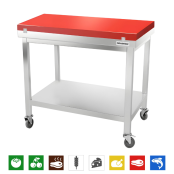 Table de travail en inox 1000x600 mm avec plaque de découpe rouge sur roulettes PREMIUM - GOLDINOX
