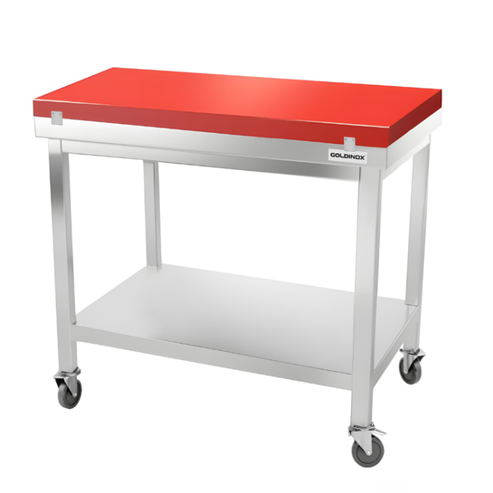 Table de travail en inox 1200x600 mm avec plaque de découpe rouge sur roulettes PREMIUM - GOLDINOX