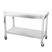 Table de travail en inox 1400x600 mm avec plaque de découpe blanche sur roulettes PREMIUM - GOLDINOX