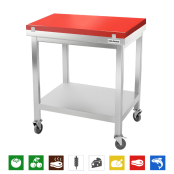 Table de travail en inox 800x700 mm avec plaque de découpe rouge sur roulettes PREMIUM - GOLDINOX