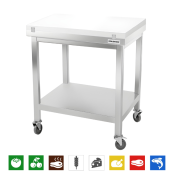 Table de travail en inox 600x700 mm avec plaque de découpe blanche sur roulettes PREMIUM - GOLDINOX