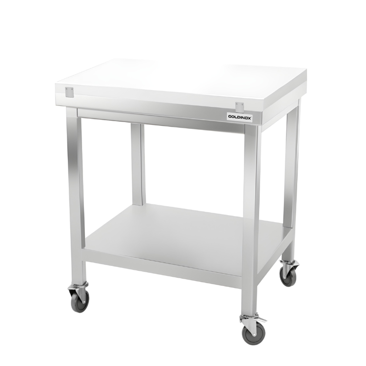 Table de travail en inox 700x700 mm avec plaque de découpe blanche sur roulettes PREMIUM - GOLDINOX