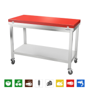 Table de travail en inox 1400x800 mm avec plaque de découpe rouge sur roulettes PREMIUM - GOLDINOX