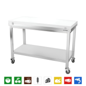 Table de travail en inox 1400x800 mm avec plaque de découpe blanche sur roulettes PREMIUM - GOLDINOX