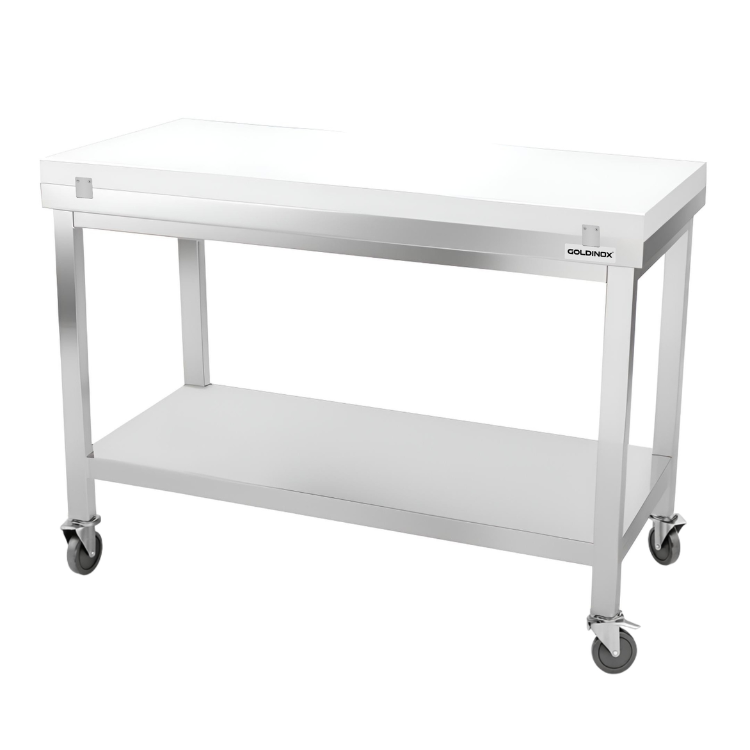 Table de travail en inox 1600x800 mm avec plaque de découpe blanche sur roulettes PREMIUM - GOLDINOX
