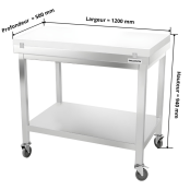 Table de travail en inox 1200x500 mm avec plaque de découpe blanche sur roulettes PREMIUM - GOLDINOX