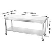 Table de travail en inox 1800x500 mm avec plaque de découpe blanche sur roulettes PREMIUM - GOLDINOX