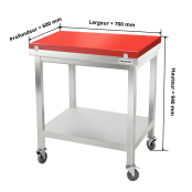 Table de travail en inox 700x600 mm avec plaque de découpe rouge sur roulettes PREMIUM - GOLDINOX