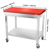 Table de travail en inox 1200x600 mm avec plaque de découpe rouge sur roulettes PREMIUM - GOLDINOX