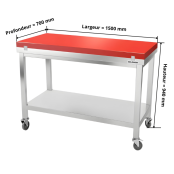 Table de travail en inox 1500x700 mm avec plaque de découpe rouge sur roulettes PREMIUM - GOLDINOX