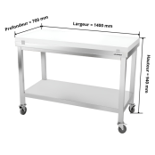 Table de travail en inox 1400x700 mm avec plaque de découpe blanche sur roulettes PREMIUM - GOLDINOX