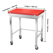 Table de travail en inox 600x500 mm avec plaque de découpe rouge et renfort sur roulettes PREMIUM - GOLDINOX