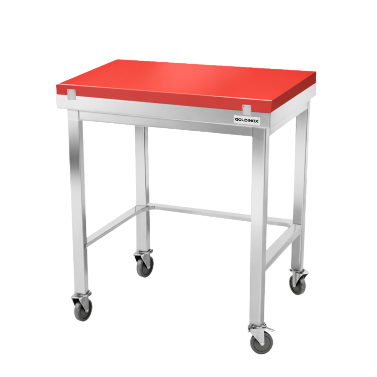 Table de travail en inox 700x500 mm avec plaque de découpe rouge et renfort sur roulettes PREMIUM - GOLDINOX