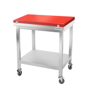Table de travail en inox 700x500 mm avec plaque de découpe rouge et renfort sur roulettes PREMIUM - GOLDINOX