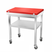 Table de travail en inox 700x500 mm avec plaque de découpe rouge et renfort sur roulettes PREMIUM - GOLDINOX