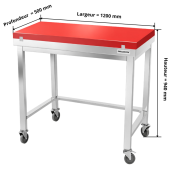 Table de travail en inox 1200x500 mm avec plaque de découpe rouge et renfort sur roulettes PREMIUM - GOLDINOX