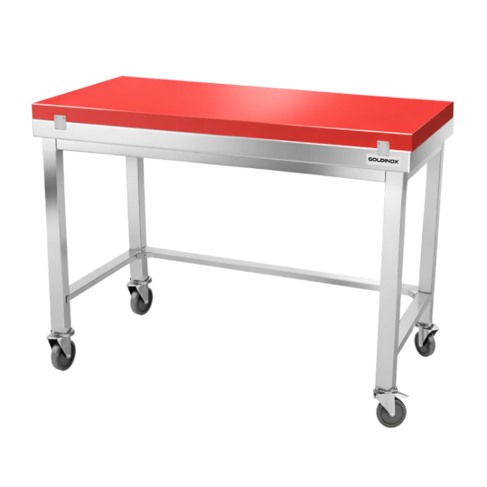 Table de travail en inox 1400x500 mm avec plaque de découpe rouge et renfort sur roulettes PREMIUM - GOLDINOX