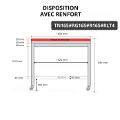 Table de travail en inox 1600x500 mm avec plaque de découpe rouge et renfort sur roulettes PREMIUM - GOLDINOX