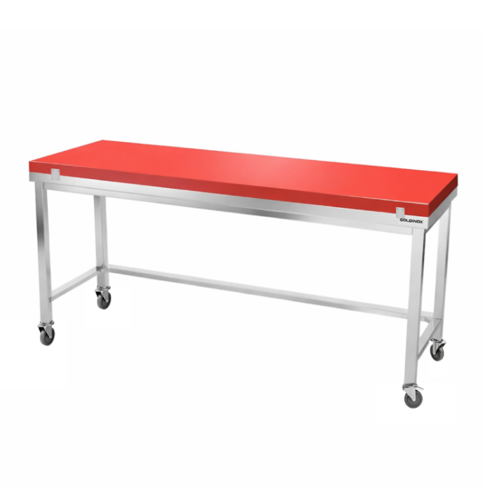 Table de travail en inox 1800x500 mm avec plaque de découpe rouge et renfort sur roulettes PREMIUM - GOLDINOX