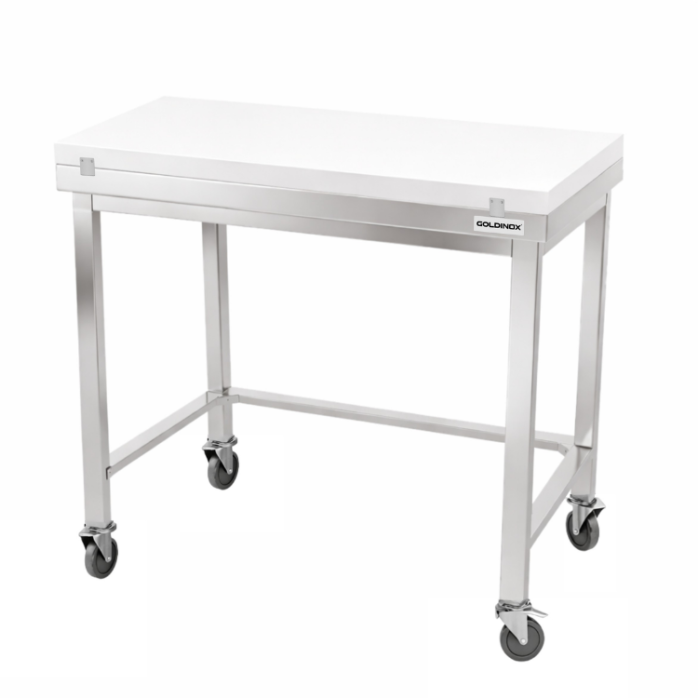 Table de travail en inox 1000x500 mm avec plaque de découpe blanche et renfort sur roulettes PREMIUM - GOLDINOX