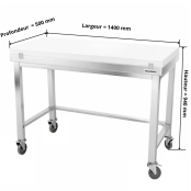 Table de travail en inox 1400x500 mm avec plaque de découpe blanche et renfort sur roulettes PREMIUM - GOLDINOX