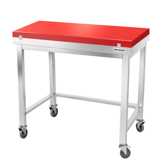 Table de travail en inox 1000x600 mm avec plaque de découpe rouge et renfort sur roulettes PREMIUM - GOLDINOX