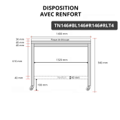 Table de travail en inox 1400x600 mm avec plaque de découpe blanche et renfort sur roulettes PREMIUM - GOLDINOX